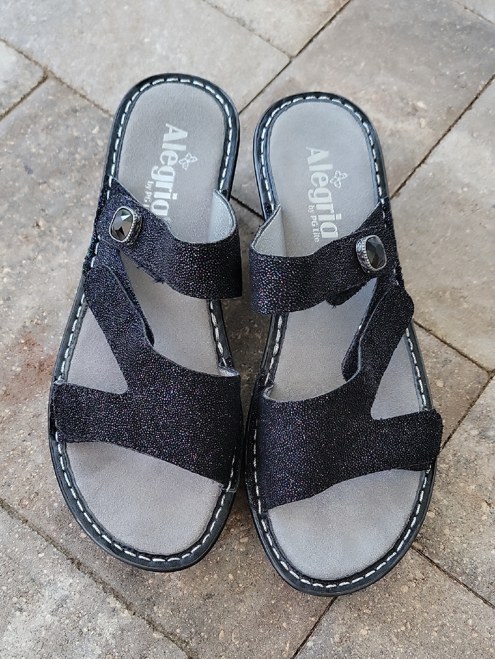 Alegria Black Glitterati Wedge Non Slip Sandals With Adjustable Straps Sz 8-8.5